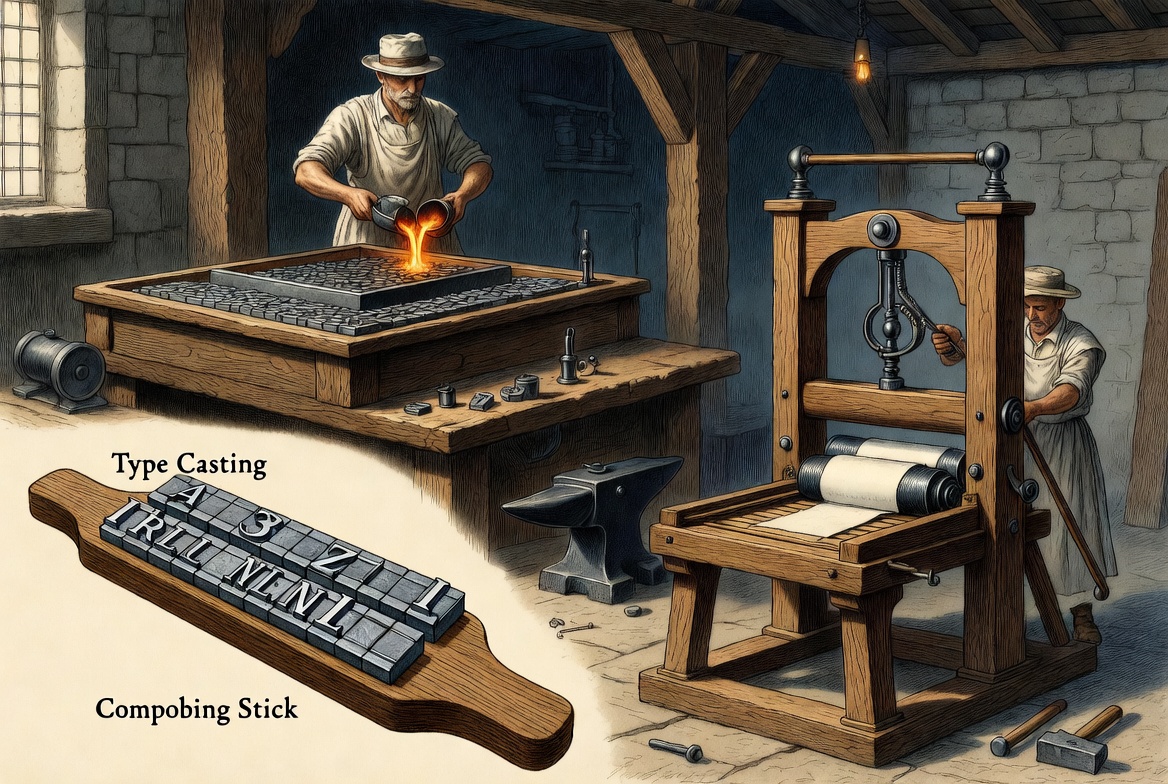 Illustration des Buchdrucks mit beweglichen Lettern