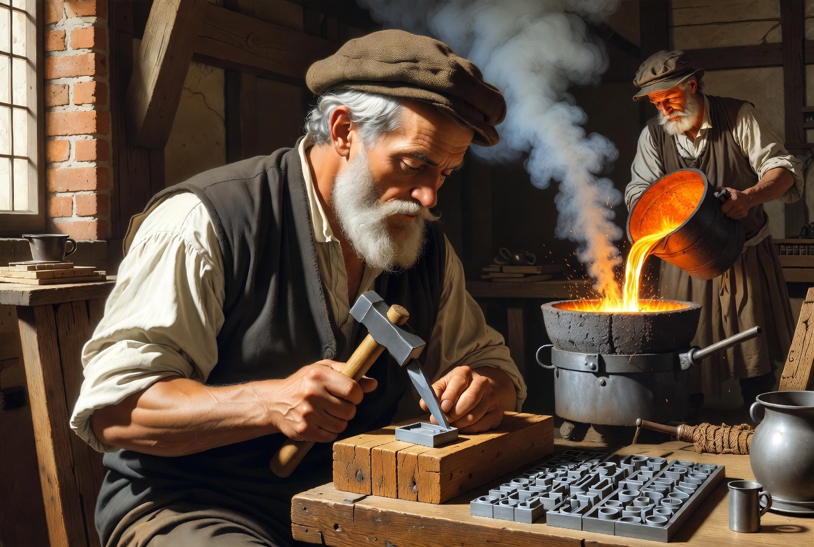 Illustration der handwerklichen Anfänge der Schriftgießerei