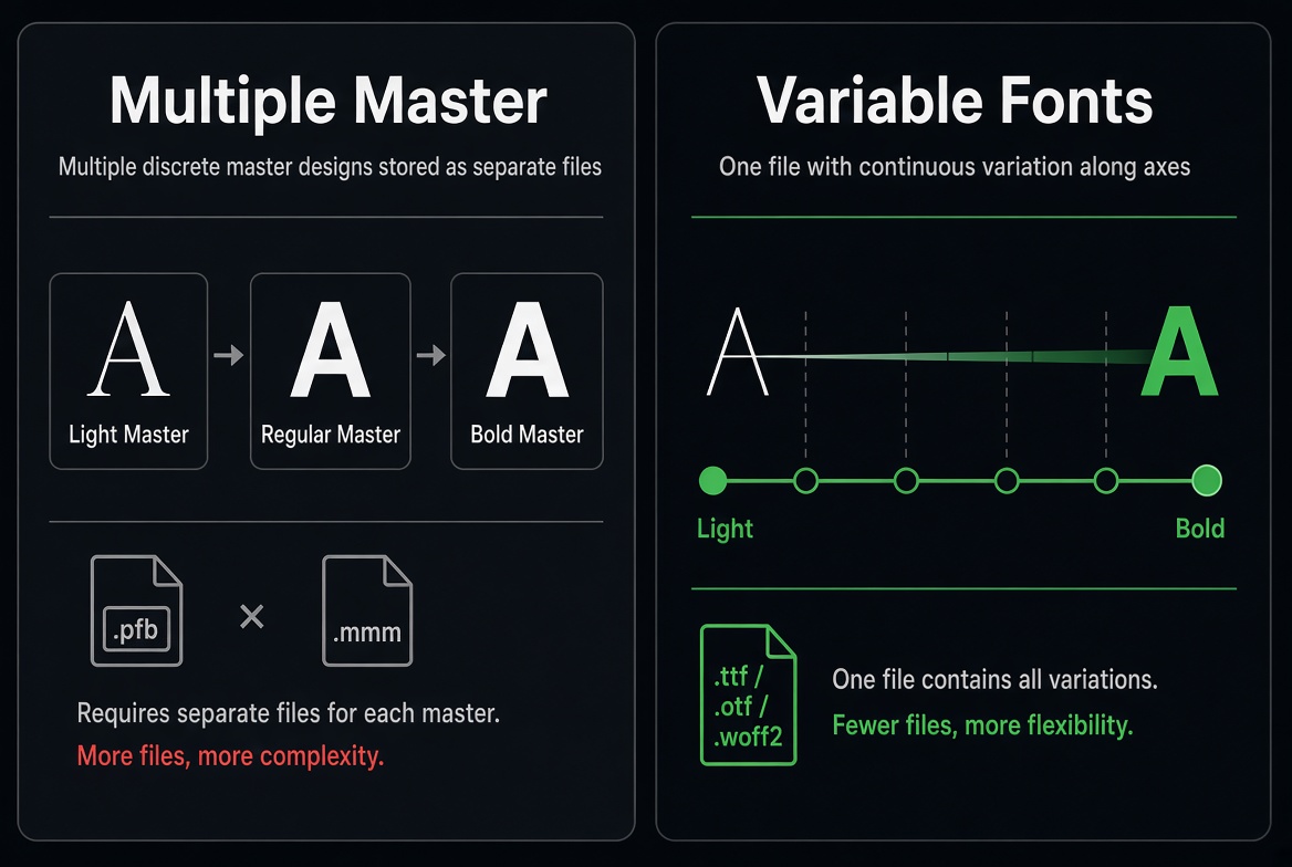 Illustration: von mehreren Mastern zur stufenlosen Variable-Font-Achse