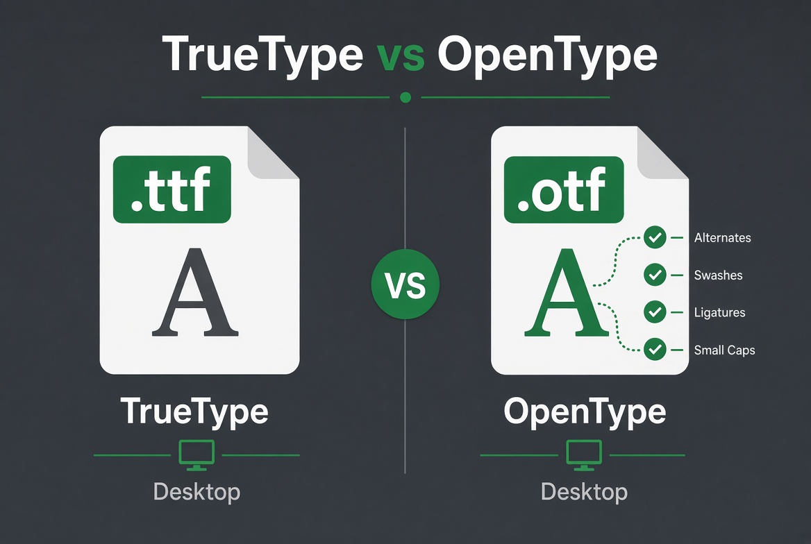 Illustration: einfacher Schnitt vs. erweiterte OpenType-Möglichkeiten