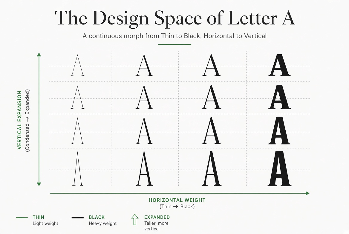 Designraum eines Variable Fonts: Gewicht und Breite als kontinuierliche Achsen