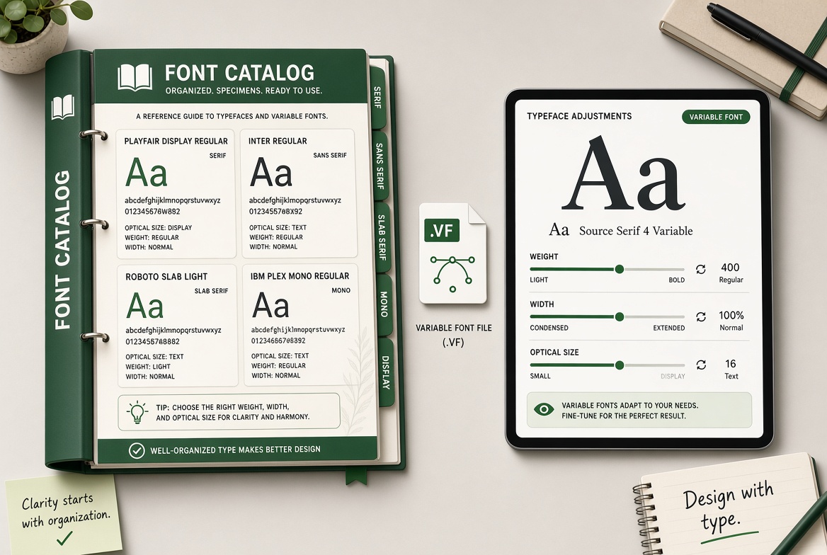 Organisierter Font-Katalog und aktivierter Variable Font in einer Design-Anwendung